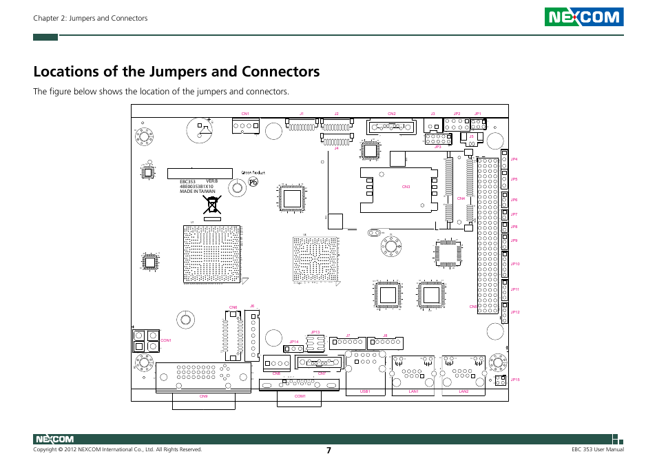 Locations of the jumpers and connectors, Chapter 2: jumpers and connectors, Ebc 353 user manual | NEXCOM EBC 353 User Manual | Page 22 / 62