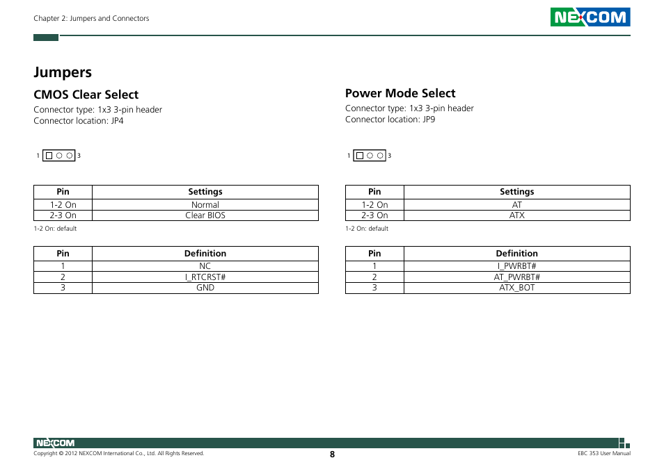 Jumpers, Cmos clear select, Power mode select | NEXCOM EBC 353 User Manual | Page 23 / 62