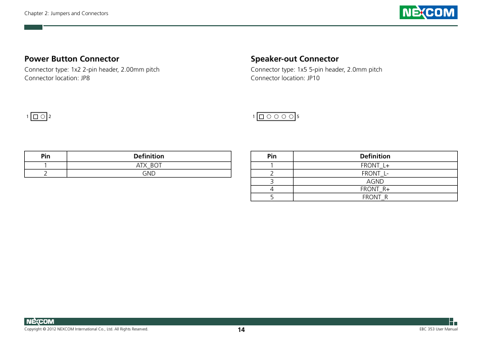 Speaker-out connector, Power button connector | NEXCOM EBC 353 User Manual | Page 29 / 62