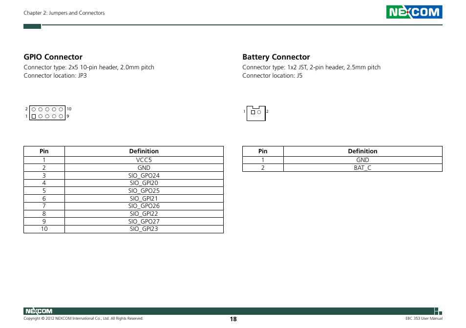 Battery connector, Gpio connector | NEXCOM EBC 353 User Manual | Page 33 / 62