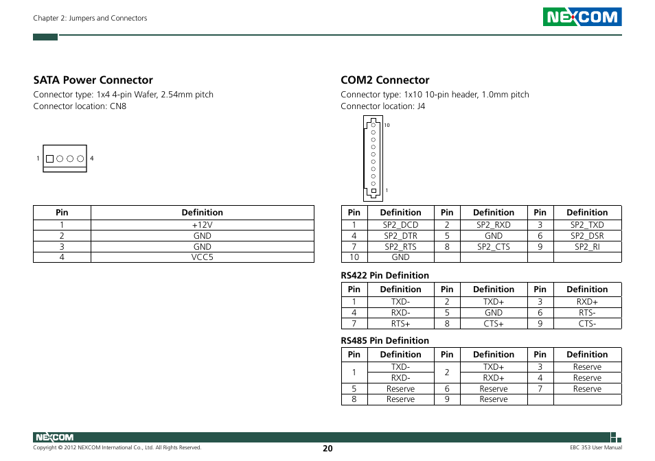 Com2 connector, Sata power connector | NEXCOM EBC 353 User Manual | Page 35 / 62