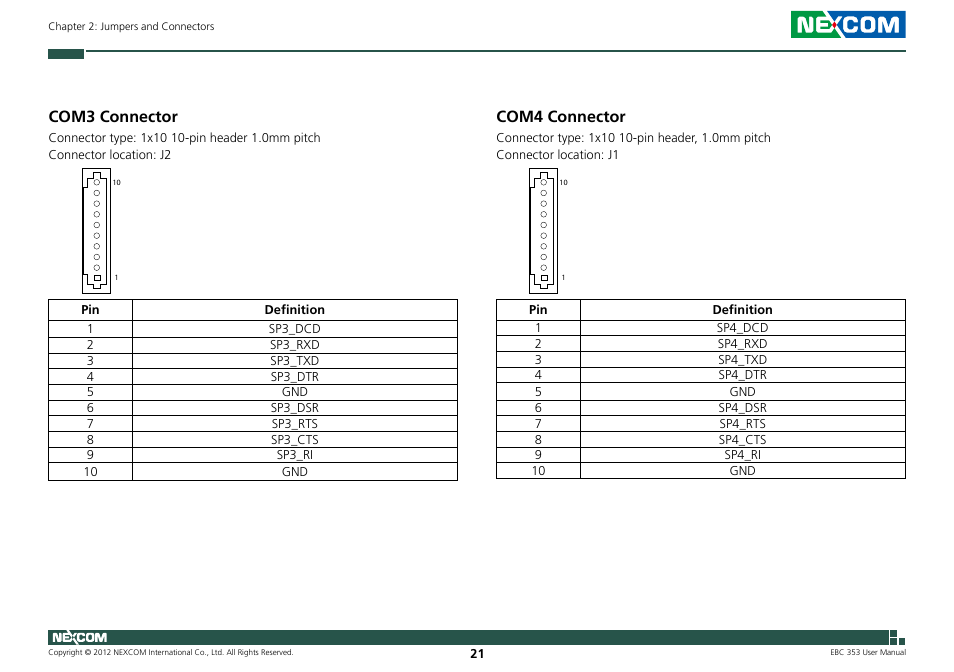 Com4 connector, Com3 connector | NEXCOM EBC 353 User Manual | Page 36 / 62