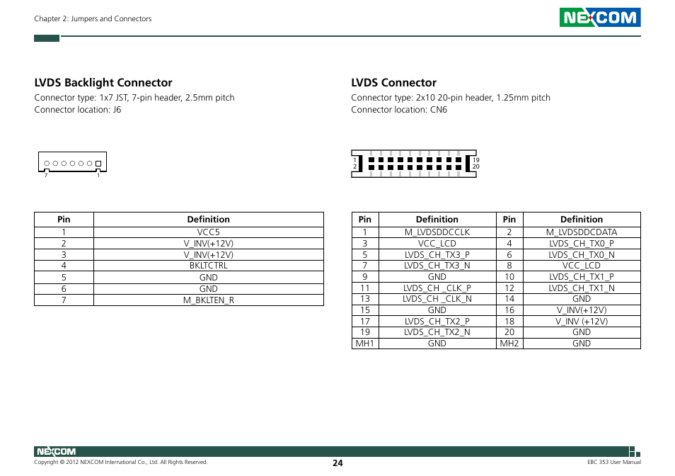 Lvds connector, Lvds backlight connector | NEXCOM EBC 353 User Manual | Page 39 / 62