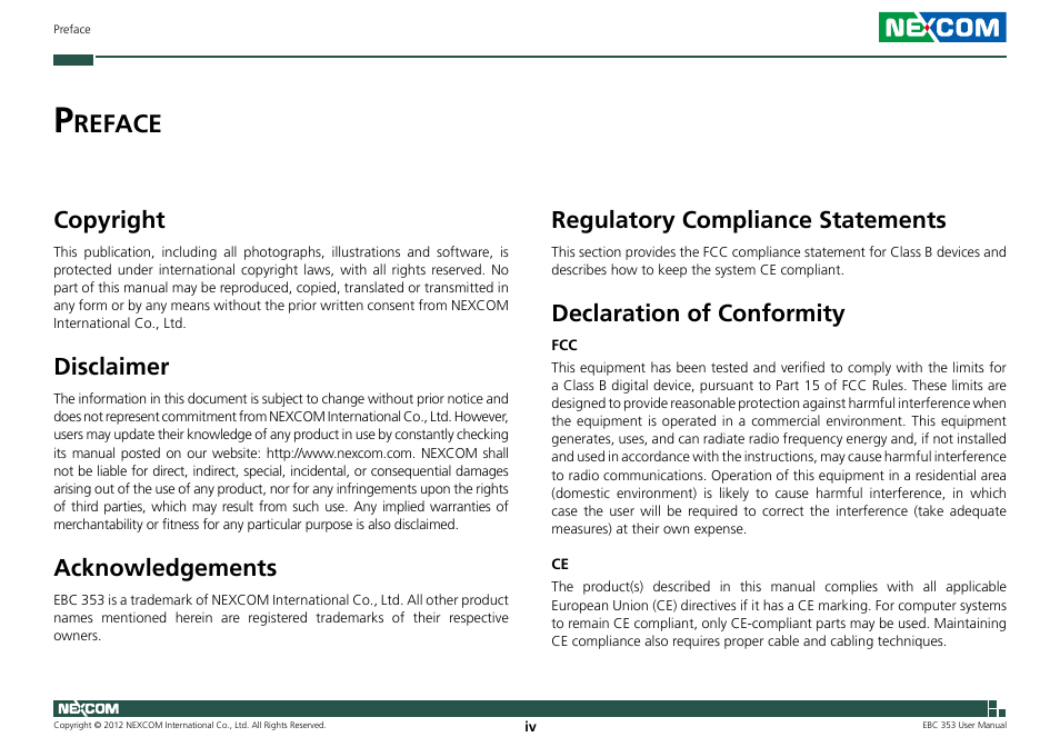 Reface, Copyright, Disclaimer | Acknowledgements, Regulatory compliance statements, Declaration of conformity | NEXCOM EBC 353 User Manual | Page 4 / 62