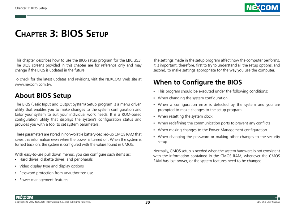 Bios s, Hapter, Etup | About bios setup, When to configure the bios | NEXCOM EBC 353 User Manual | Page 45 / 62