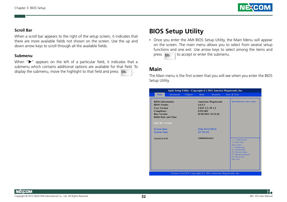 Bios setup utility, Main, Scroll bar | Submenu | NEXCOM EBC 353 User Manual | Page 47 / 62