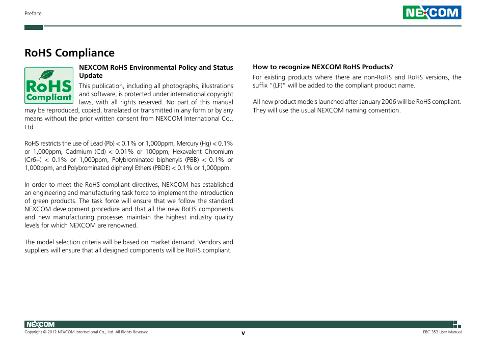 Rohs compliance | NEXCOM EBC 353 User Manual | Page 5 / 62