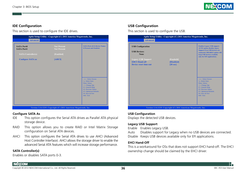 Usb configuration, Ide configuration | NEXCOM EBC 353 User Manual | Page 51 / 62