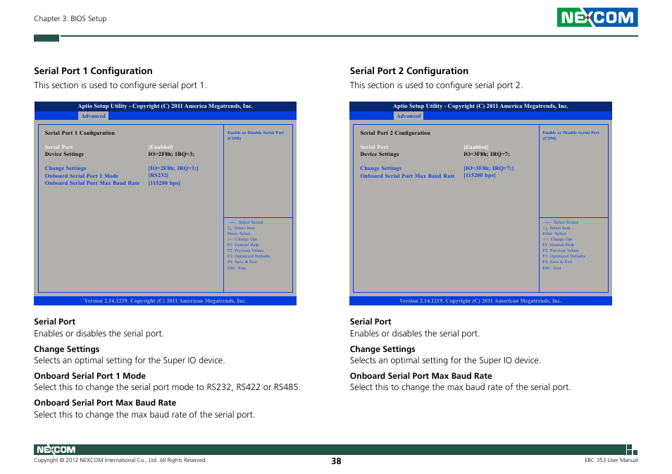 Serial port 1 configuration, Serial port 2 configuration | NEXCOM EBC 353 User Manual | Page 53 / 62