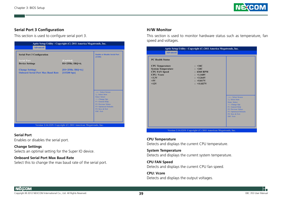 Serial port 3 configuration, H/w monitor | NEXCOM EBC 353 User Manual | Page 54 / 62