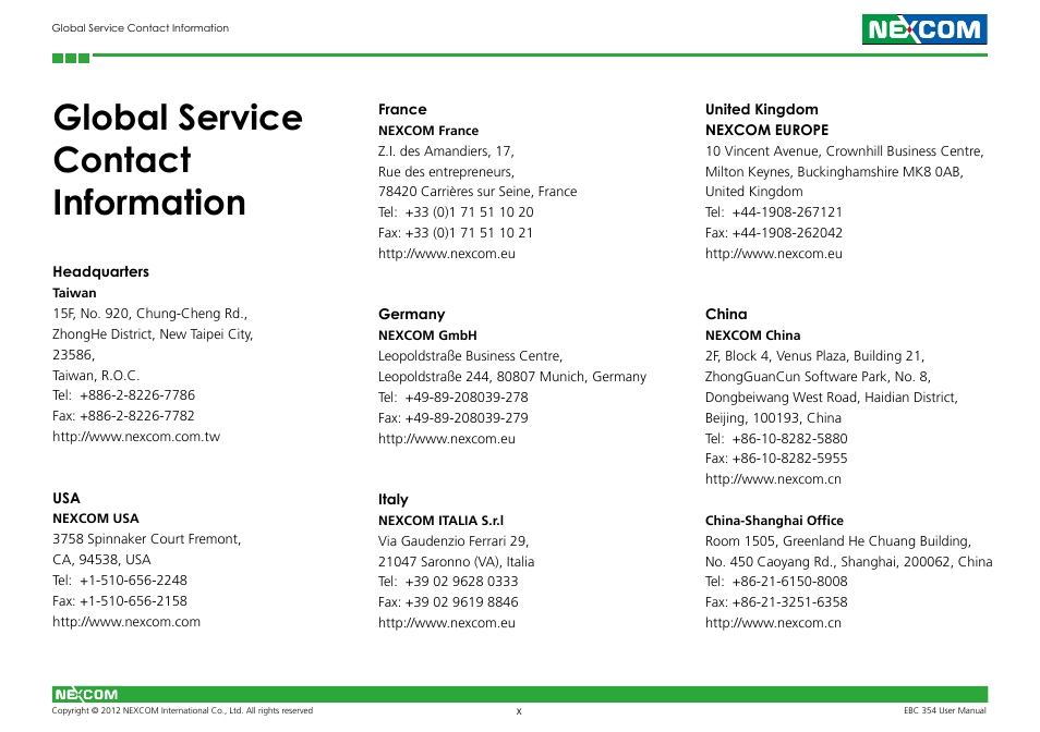 Global service contact information | NEXCOM EBC 354 User Manual | Page 10 / 63