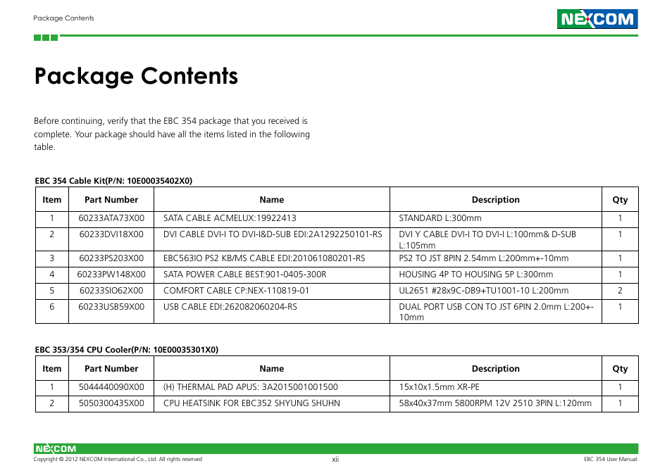 Package contents | NEXCOM EBC 354 User Manual | Page 12 / 63