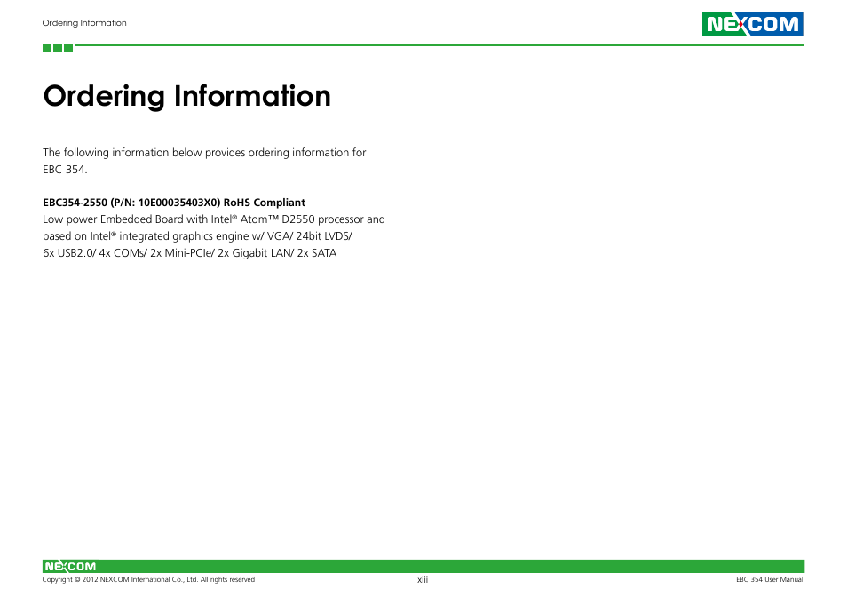 Ordering information | NEXCOM EBC 354 User Manual | Page 13 / 63