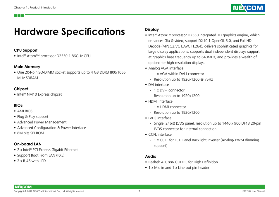 Hardware specifications | NEXCOM EBC 354 User Manual | Page 15 / 63