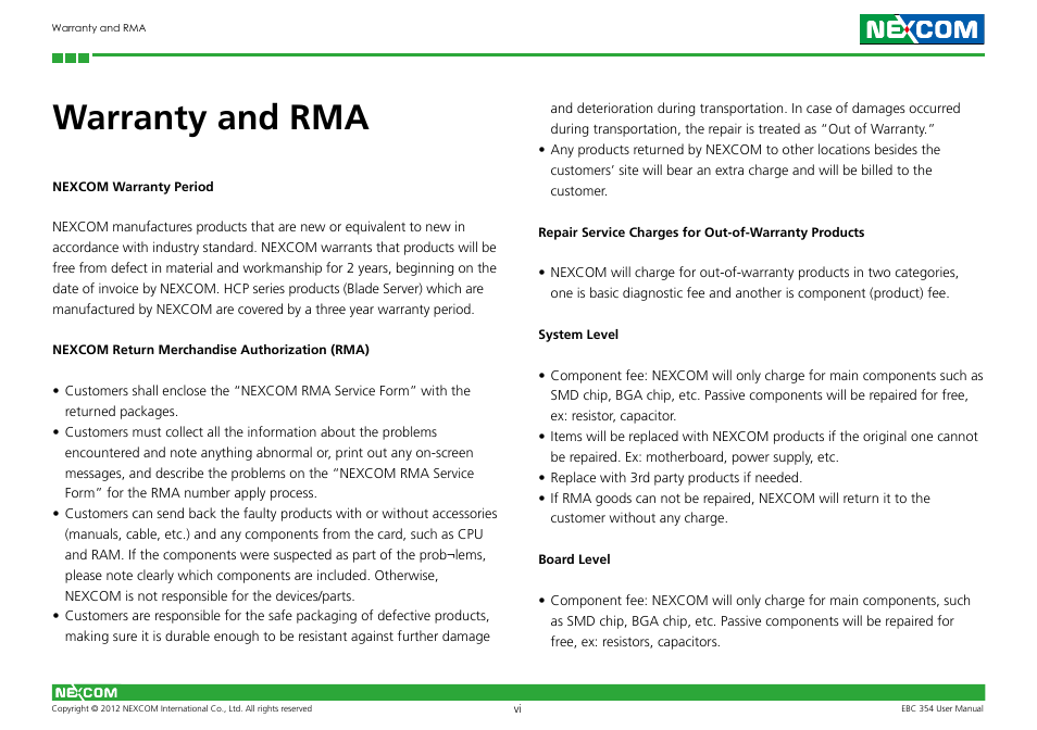 Warranty and rma | NEXCOM EBC 354 User Manual | Page 6 / 63