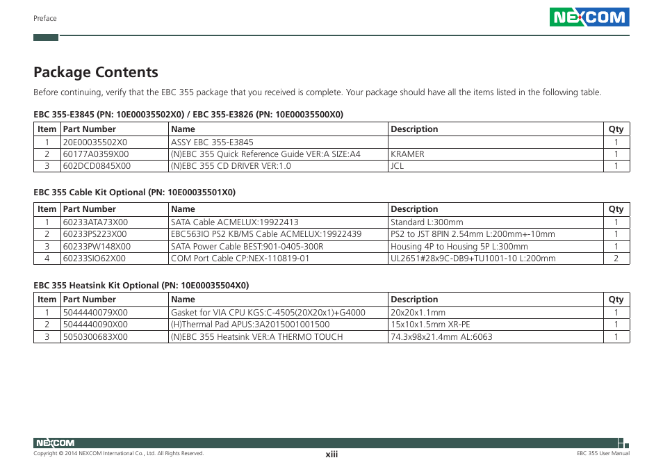 Package contents | NEXCOM EBC 355 User Manual | Page 13 / 63