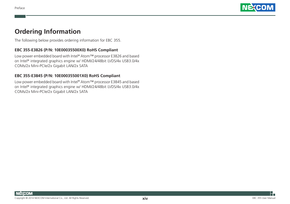 Ordering information | NEXCOM EBC 355 User Manual | Page 14 / 63