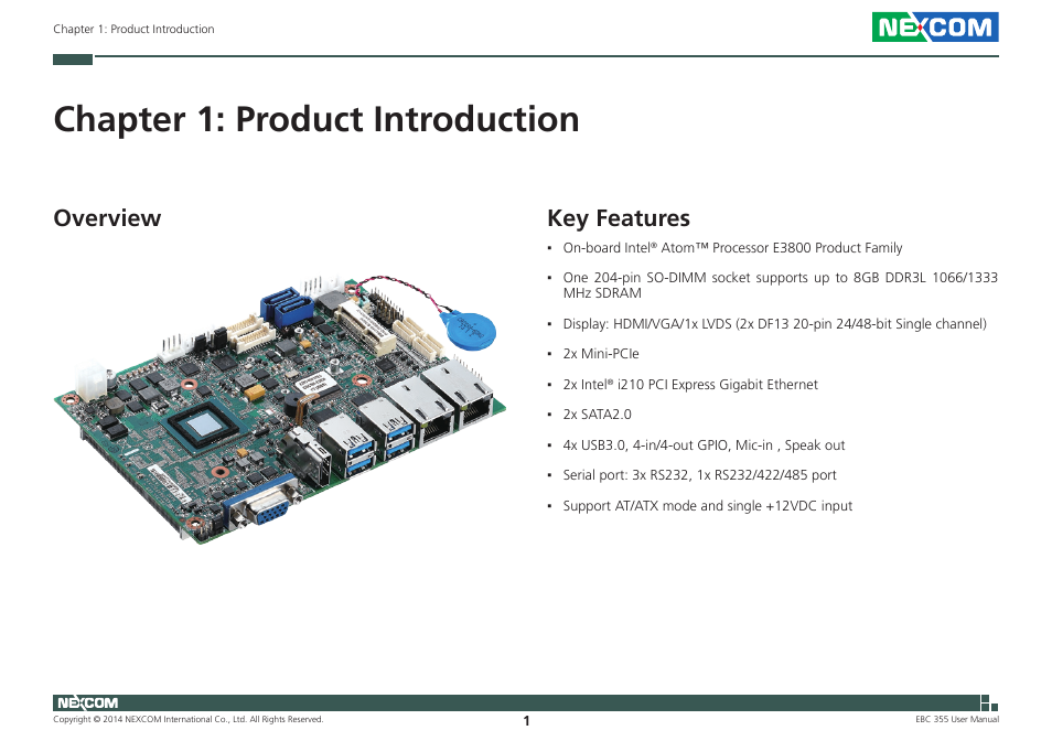 Chapter 1: product introduction, Overview, Key features | Overview key features | NEXCOM EBC 355 User Manual | Page 15 / 63