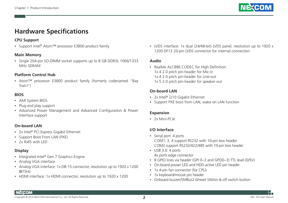 Hardware specifications | NEXCOM EBC 355 User Manual | Page 16 / 63