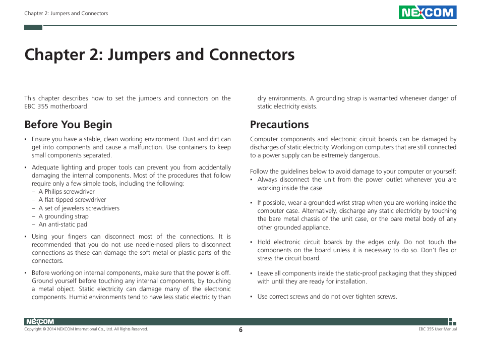 Chapter 2: jumpers and connectors, Before you begin, Precautions | Before you begin precautions | NEXCOM EBC 355 User Manual | Page 20 / 63