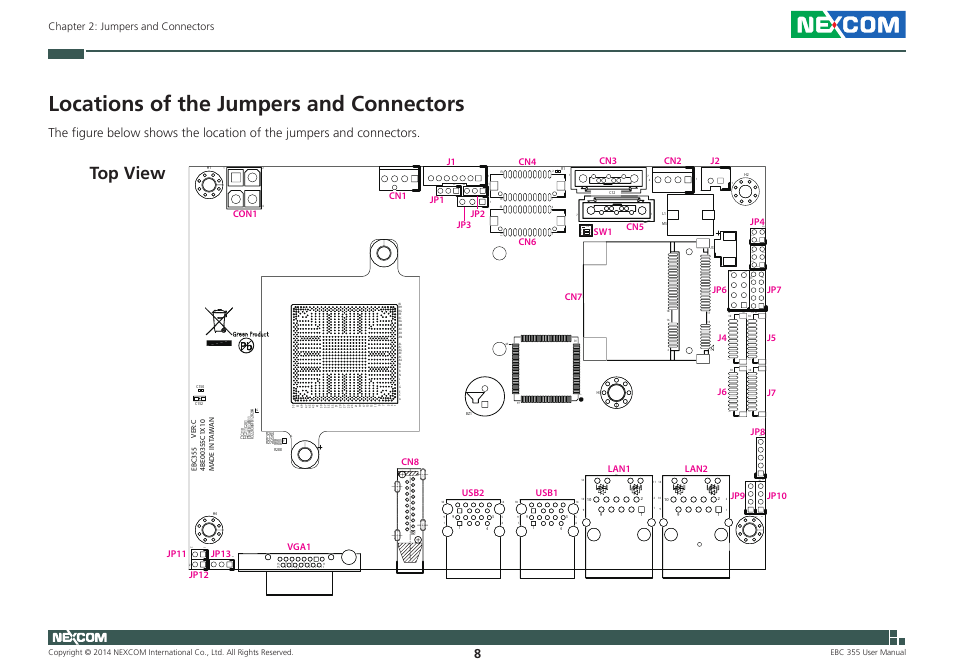Locations of the jumpers and connectors, Top view, Chapter 2: jumpers and connectors | Ebc 355 user manual | NEXCOM EBC 355 User Manual | Page 22 / 63