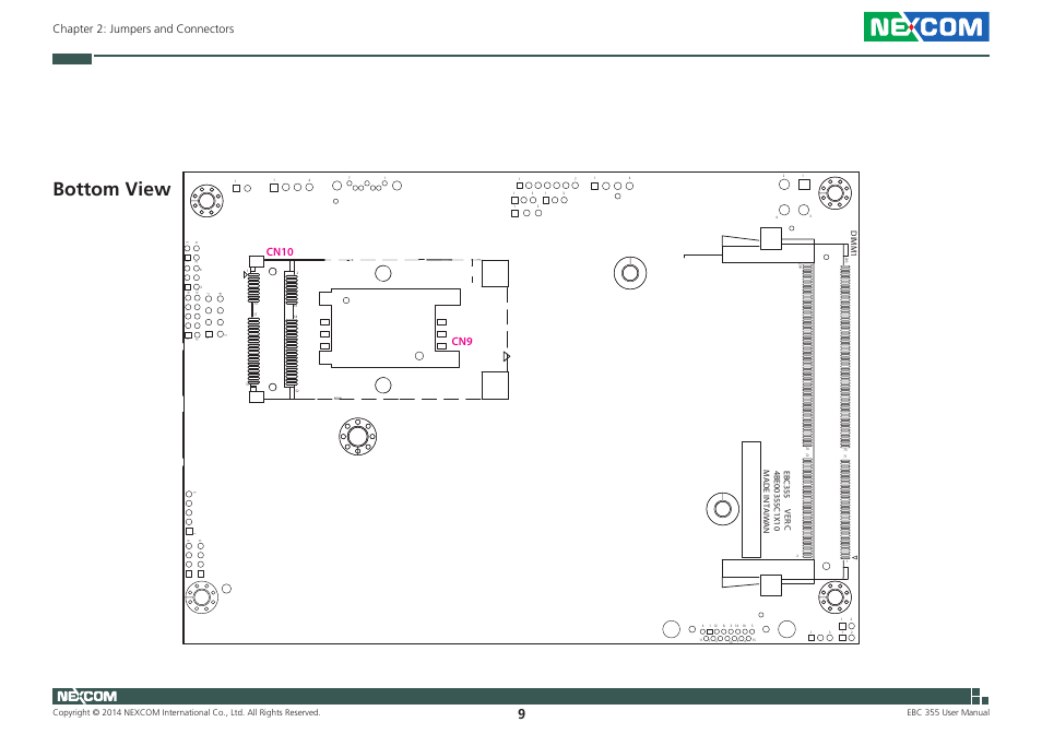 Bottom view, Chapter 2: jumpers and connectors, Cn10 cn9 | Ebc 355 user manual | NEXCOM EBC 355 User Manual | Page 23 / 63