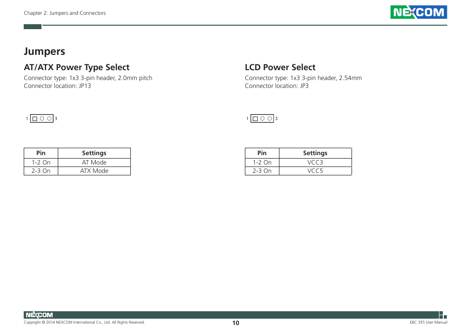 Jumpers, At/atx power type select, Lcd power select | At/atx power type select lcd power select | NEXCOM EBC 355 User Manual | Page 24 / 63