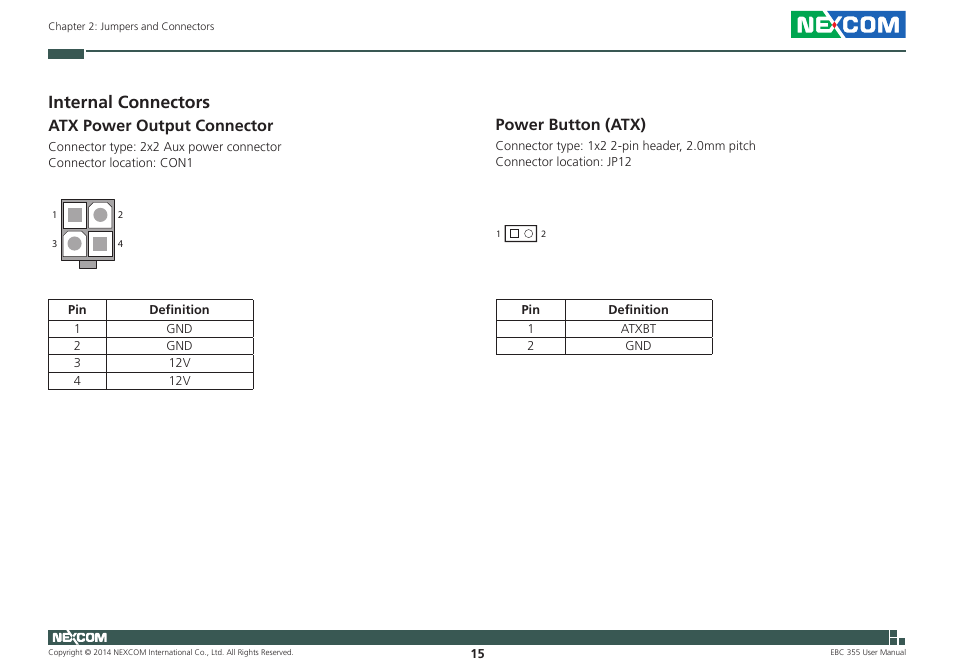 Internal connectors, Atx power output connector, Power button (atx) | Atx power output connector power button (atx) | NEXCOM EBC 355 User Manual | Page 29 / 63