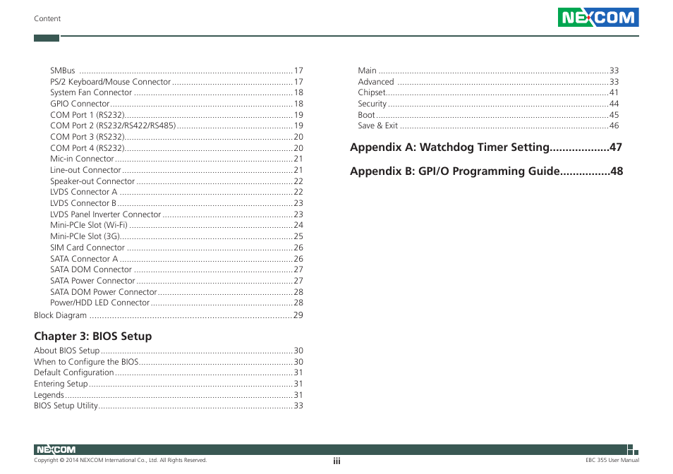 Chapter 3: bios setup | NEXCOM EBC 355 User Manual | Page 3 / 63