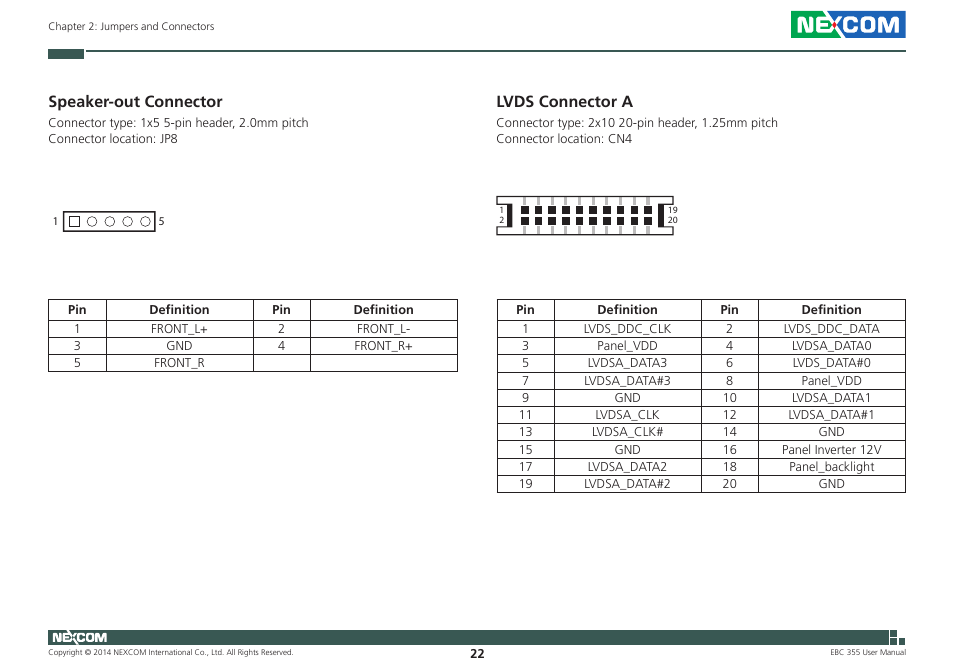 Speaker-out connector, Lvds connector a, Speaker-out connector lvds connector a | NEXCOM EBC 355 User Manual | Page 36 / 63