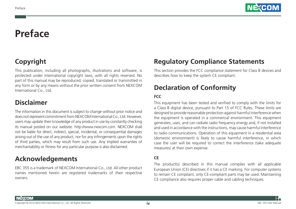 Preface, Copyright, Disclaimer | Acknowledgements, Regulatory compliance statements, Declaration of conformity | NEXCOM EBC 355 User Manual | Page 4 / 63