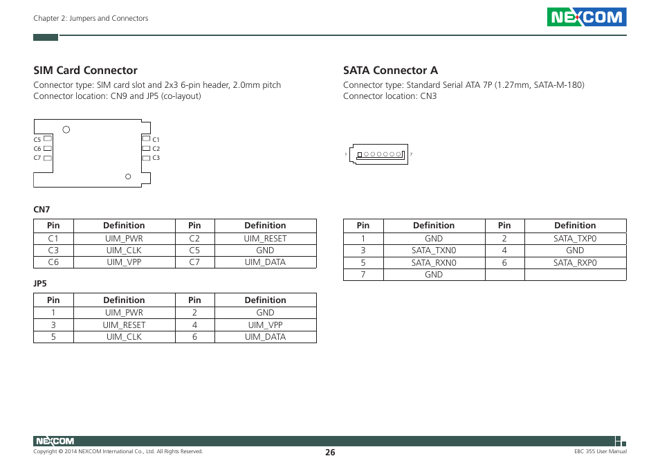 Sim card connector, Sata connector a, Sim card connector sata connector a | NEXCOM EBC 355 User Manual | Page 40 / 63
