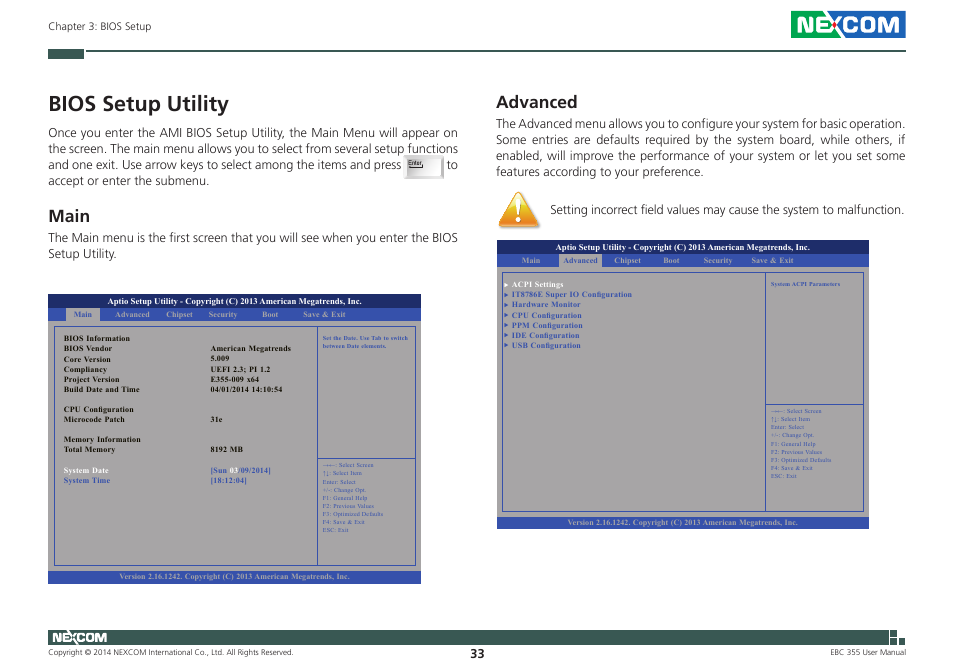 Bios setup utility, Main, Advanced | Main advanced | NEXCOM EBC 355 User Manual | Page 47 / 63