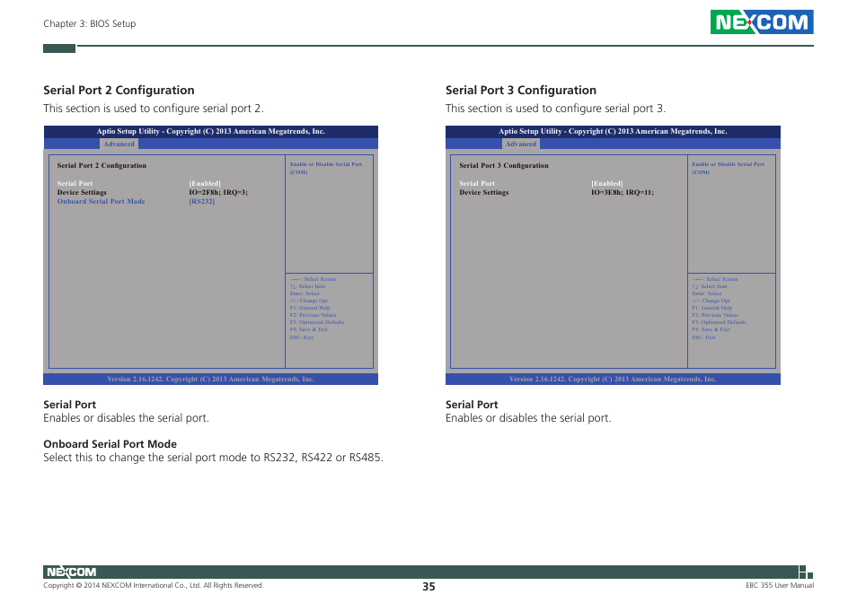 Serial port 2 configuration, Serial port 3 configuration | NEXCOM EBC 355 User Manual | Page 49 / 63