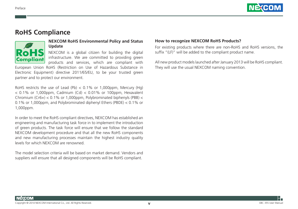 Rohs compliance | NEXCOM EBC 355 User Manual | Page 5 / 63