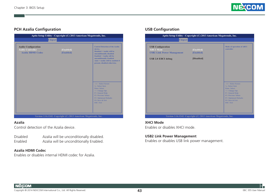 Pch azalia configuration, Usb configuration | NEXCOM EBC 355 User Manual | Page 57 / 63