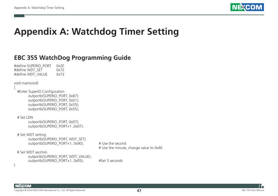 Appendix a: watchdog timer setting, Ebc 355 watchdog programming guide | NEXCOM EBC 355 User Manual | Page 61 / 63