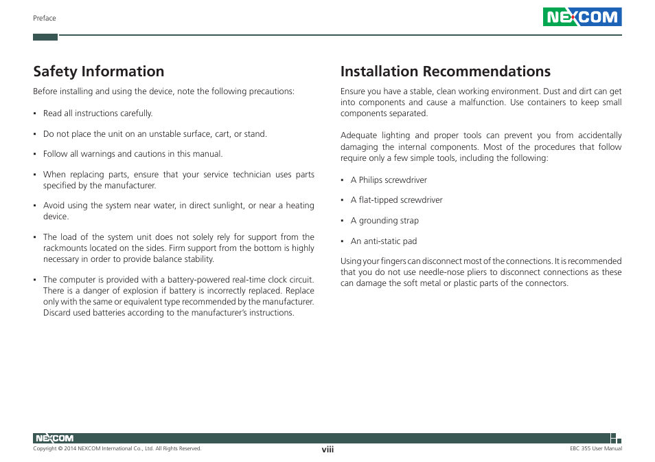 Safety information, Installation recommendations | NEXCOM EBC 355 User Manual | Page 8 / 63