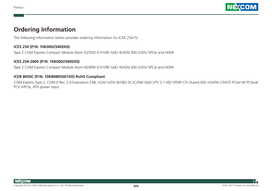 Ordering information | NEXCOM ICES 254 User Manual | Page 14 / 98