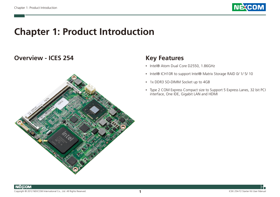 Chapter 1: product introduction, Overview - ices 254 key features, Key features | Overview - ices 254 | NEXCOM ICES 254 User Manual | Page 15 / 98