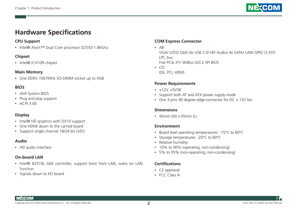 Hardware specifications | NEXCOM ICES 254 User Manual | Page 16 / 98