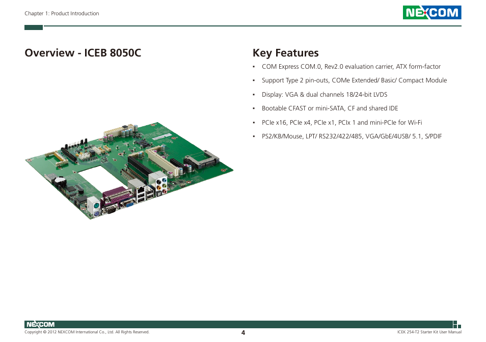 Overview - iceb 8050c key features, Key features, Overview - iceb 8050c | NEXCOM ICES 254 User Manual | Page 18 / 98