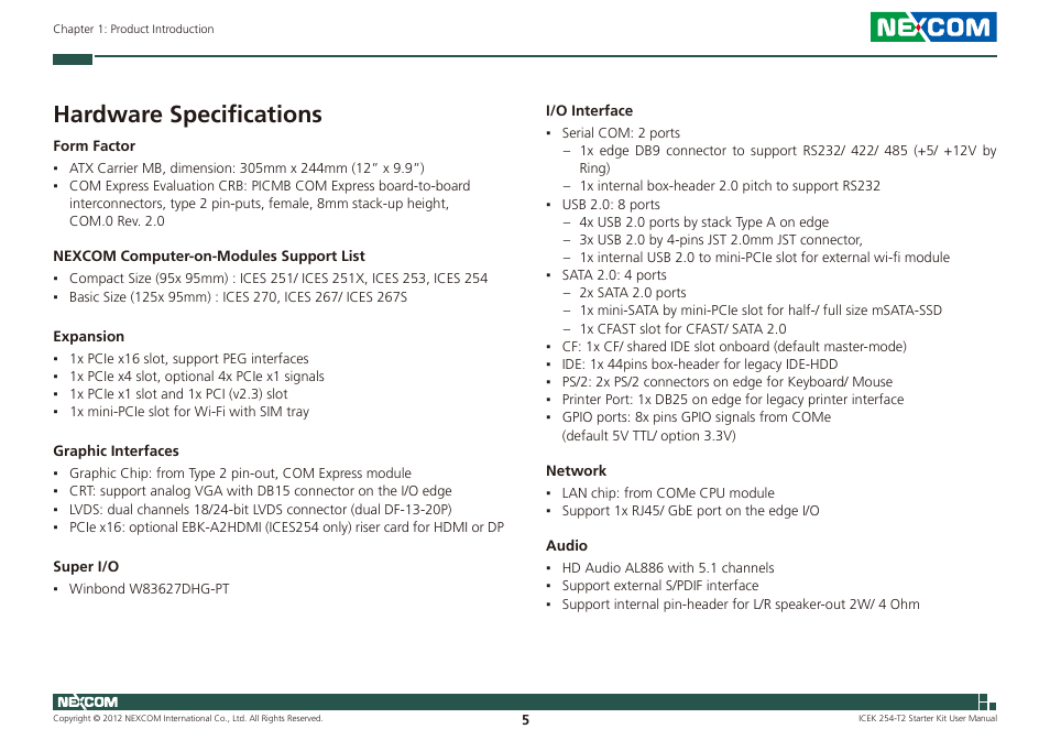 Hardware specifications | NEXCOM ICES 254 User Manual | Page 19 / 98