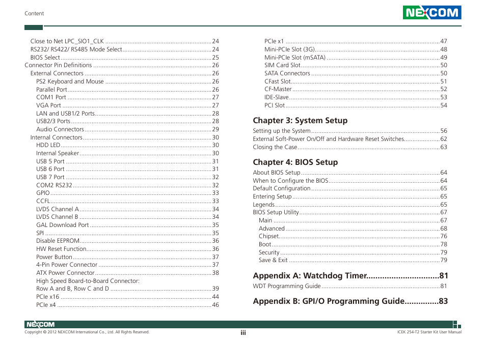 Chapter 3: system setup, Chapter 4: bios setup, Appendix a: watchdog timer | Appendix b: gpi/o programming guide | NEXCOM ICES 254 User Manual | Page 3 / 98