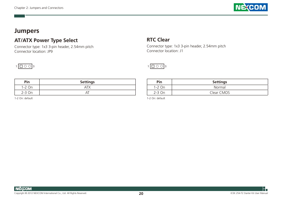 Jumpers, At/atx power type select rtc clear, At/atx power type select | Rtc clear | NEXCOM ICES 254 User Manual | Page 34 / 98