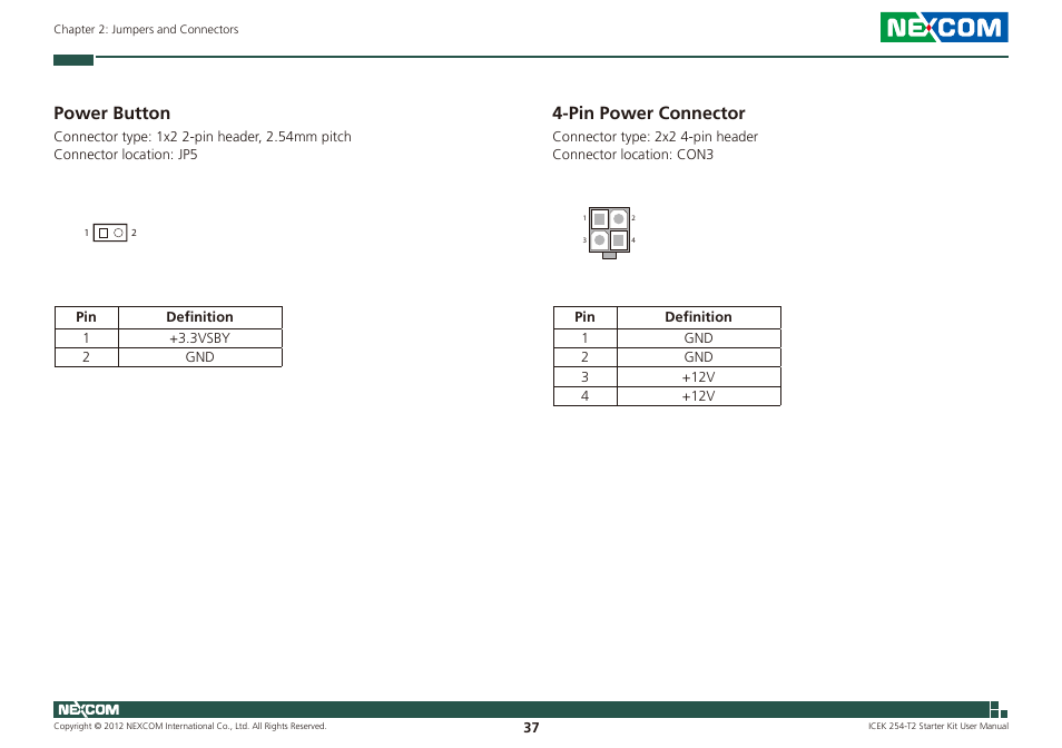 Power button 4-pin power connector, Power button, Pin power connector | NEXCOM ICES 254 User Manual | Page 51 / 98