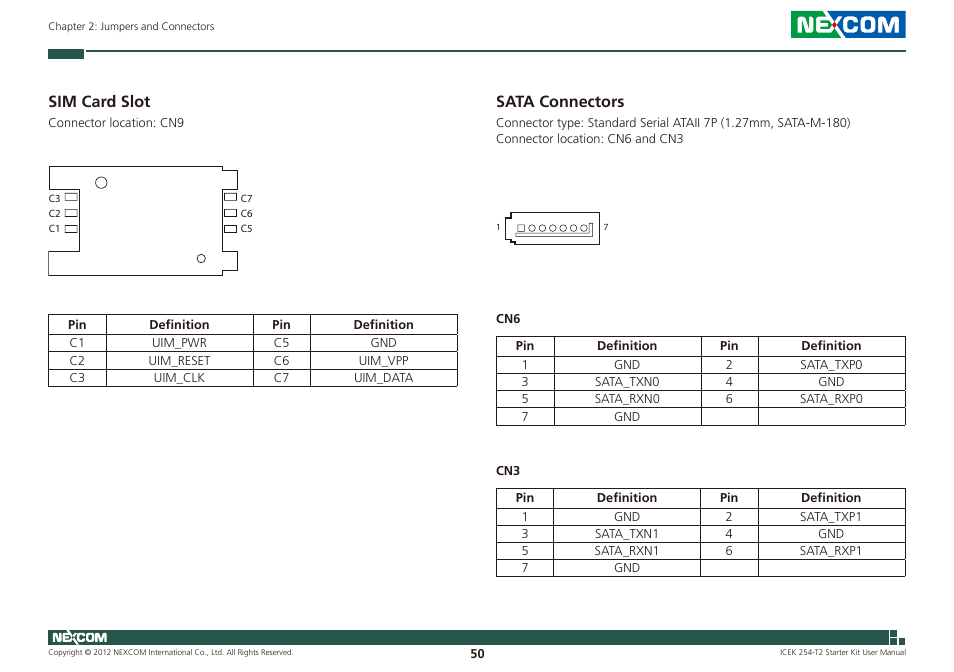 Sim card slot sata connectors, Sim card slot, Sata connectors | NEXCOM ICES 254 User Manual | Page 64 / 98