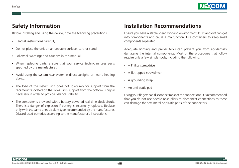 Installation recommendations, Safety information | NEXCOM ICES 254 User Manual | Page 8 / 98