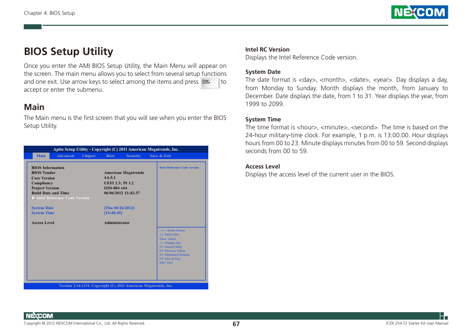 Bios setup utility, Main | NEXCOM ICES 254 User Manual | Page 81 / 98