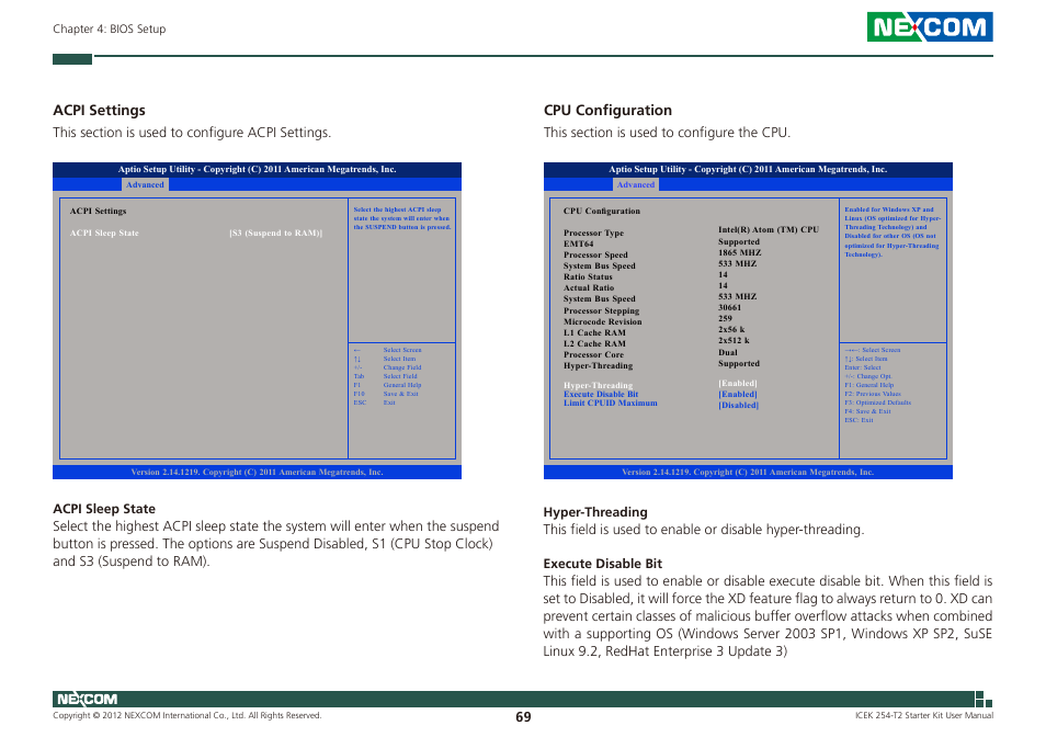 Acpi settings, Cpu configuration | NEXCOM ICES 254 User Manual | Page 83 / 98